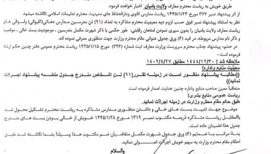 هشتصد بست اختصاصی نظامی در بامیان لغو شد/ 91 نفر بدون آزمون در معارف بامیان استخدام شدند